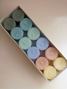 NEW Votive Candles Set of 12 Pastel Colors Unscented Boxed Pillar 2” Tall